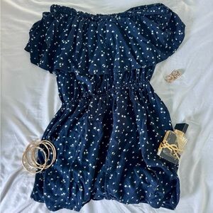 hollister navy off-shoulder romper with polka dot print